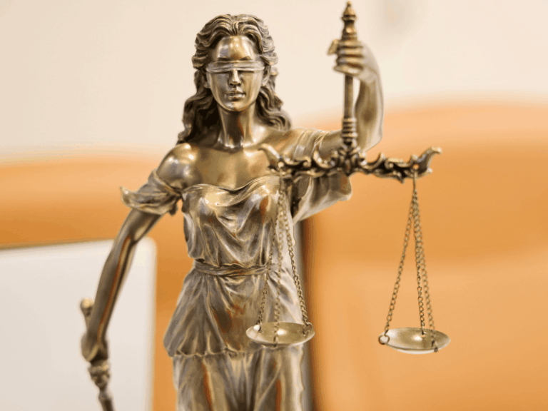 A close-up of a statue of Lady Justice