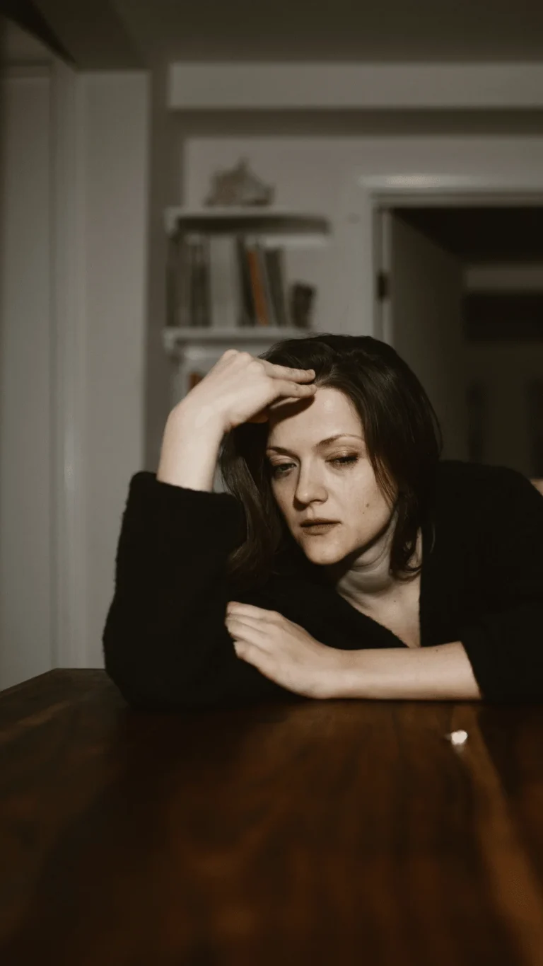 A sad woman seated at a wooden table, resting her arm on it and her head on her hand