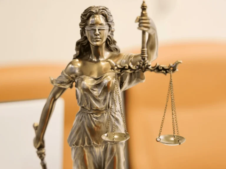 A close-up of a statue of Lady Justice